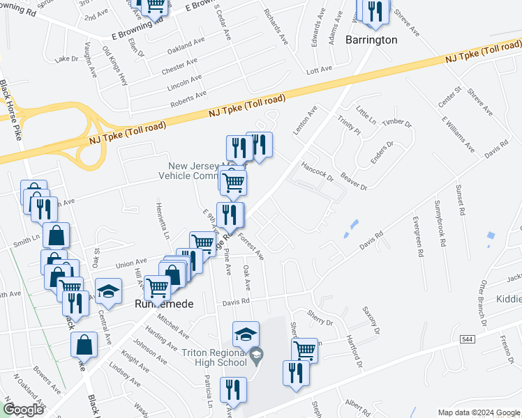 map of restaurants, bars, coffee shops, grocery stores, and more near 918 East Clements Bridge Road in Runnemede