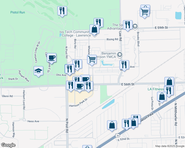 map of restaurants, bars, coffee shops, grocery stores, and more near 9221 Otis Avenue in Indianapolis
