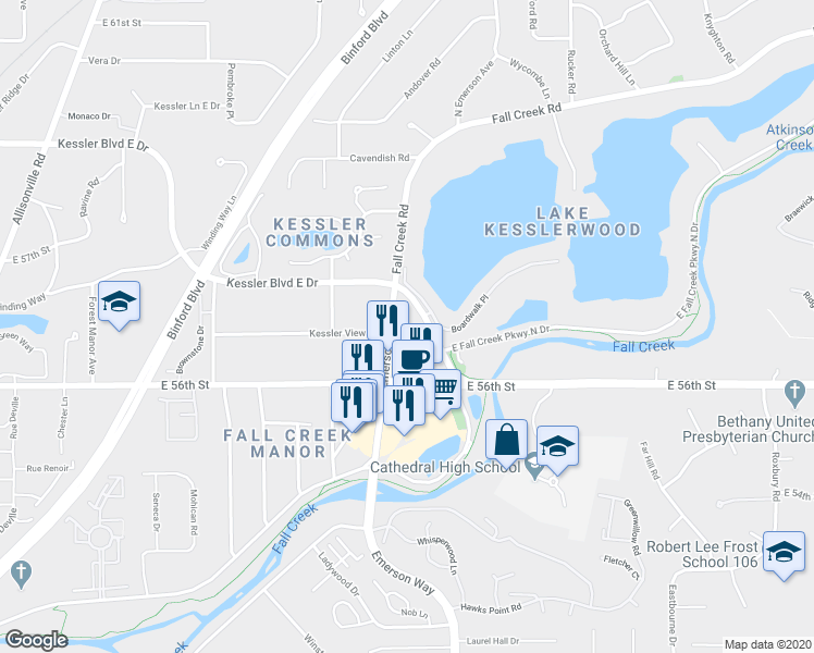 map of restaurants, bars, coffee shops, grocery stores, and more near 5660 Emerson Way in Indianapolis