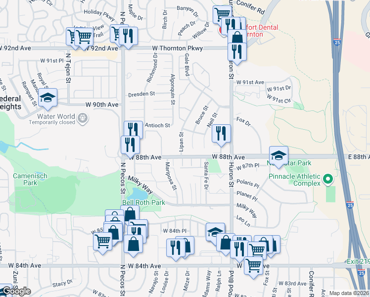 map of restaurants, bars, coffee shops, grocery stores, and more near 8801 Bruce Street in Thornton