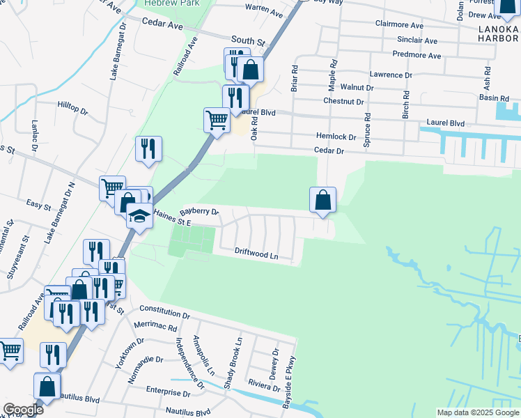 map of restaurants, bars, coffee shops, grocery stores, and more near 210 Haines Street East in Lacey Township