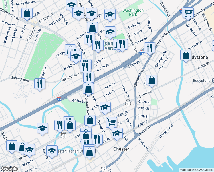 map of restaurants, bars, coffee shops, grocery stores, and more near 432 Rose Street in Chester
