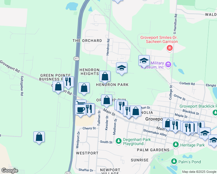 map of restaurants, bars, coffee shops, grocery stores, and more near Hendron Park in Groveport