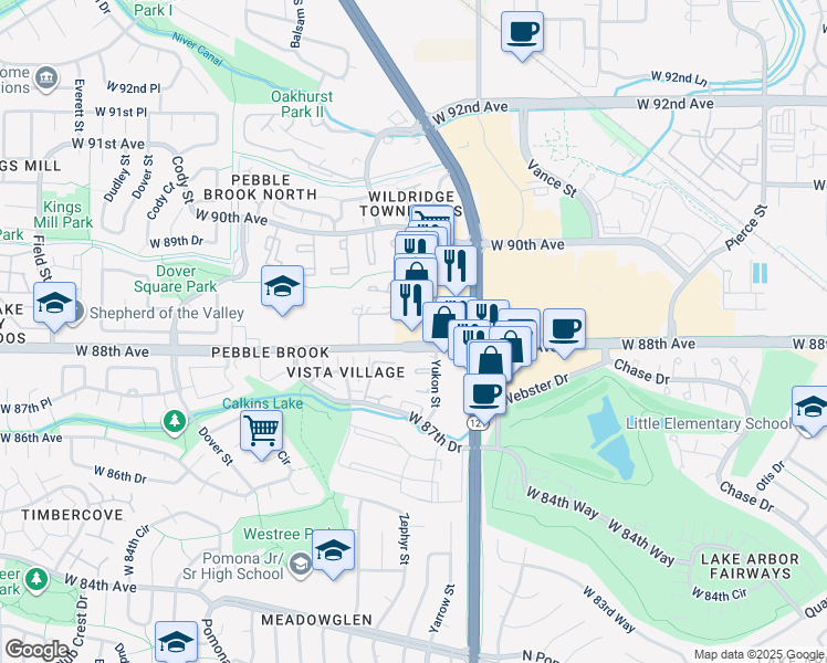 map of restaurants, bars, coffee shops, grocery stores, and more near 7689 West 88th Avenue in Arvada