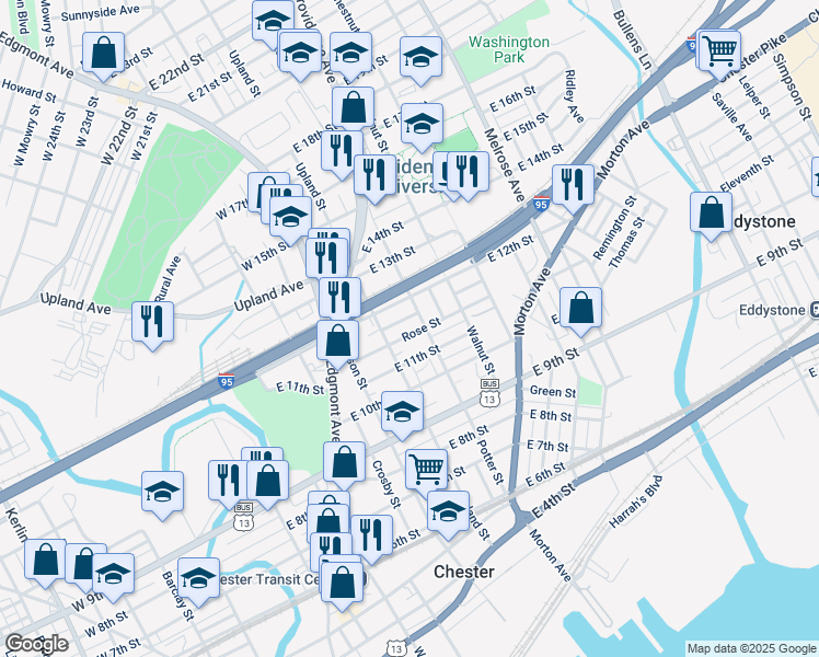 map of restaurants, bars, coffee shops, grocery stores, and more near 432 Rose Street in Chester