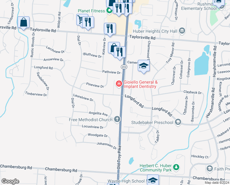 map of restaurants, bars, coffee shops, grocery stores, and more near 7000 Peachview Place in Dayton