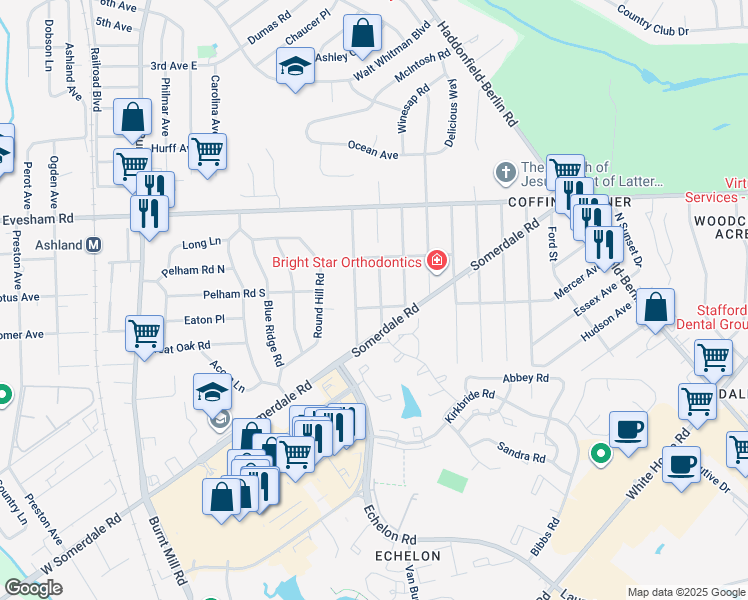 map of restaurants, bars, coffee shops, grocery stores, and more near 114 Passaic Avenue in Voorhees Township