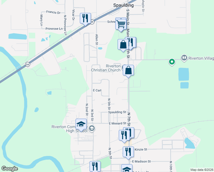 map of restaurants, bars, coffee shops, grocery stores, and more near 1-69 Jamestown Cir in Riverton