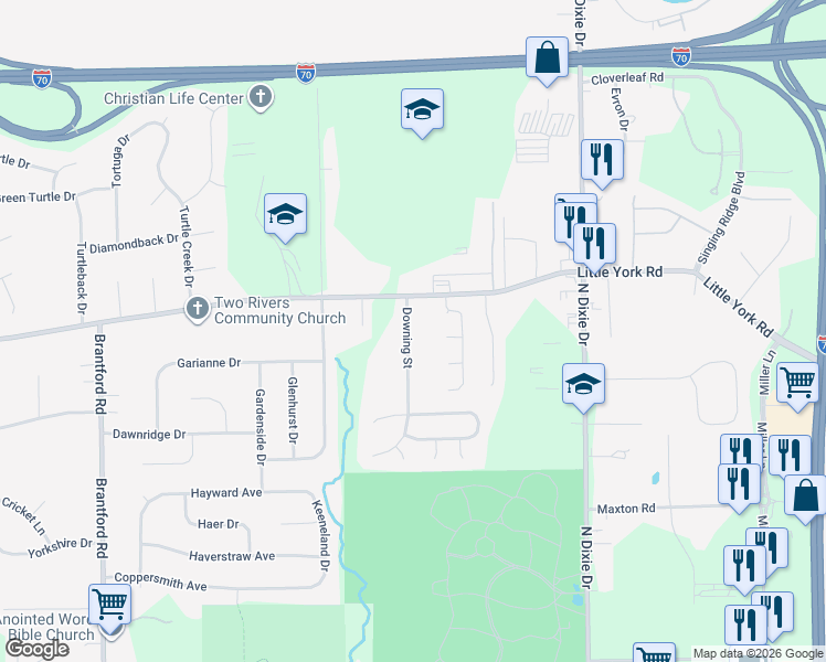 map of restaurants, bars, coffee shops, grocery stores, and more near 7481 Downing Street in Dayton