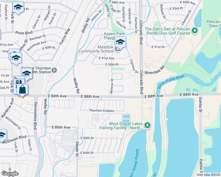 map of restaurants, bars, coffee shops, grocery stores, and more near 3602 East 88th Circle South in Thornton