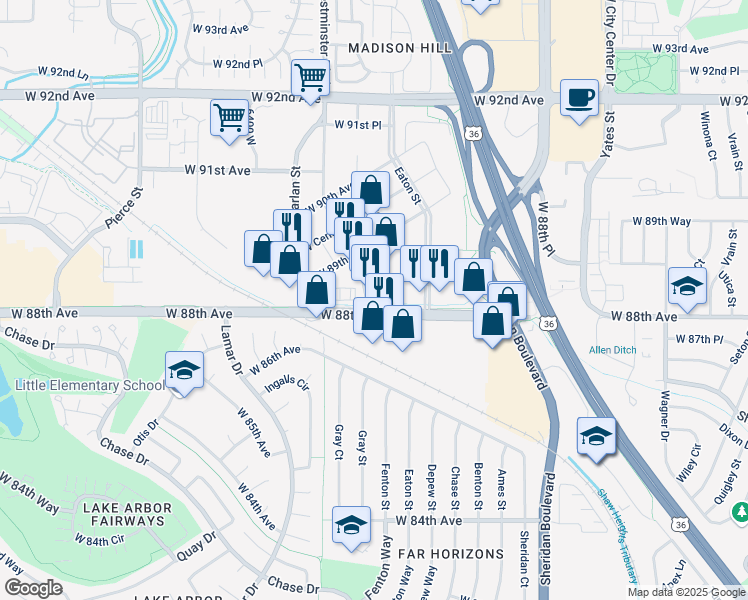 map of restaurants, bars, coffee shops, grocery stores, and more near 5697 W 88th Ave in Westminster