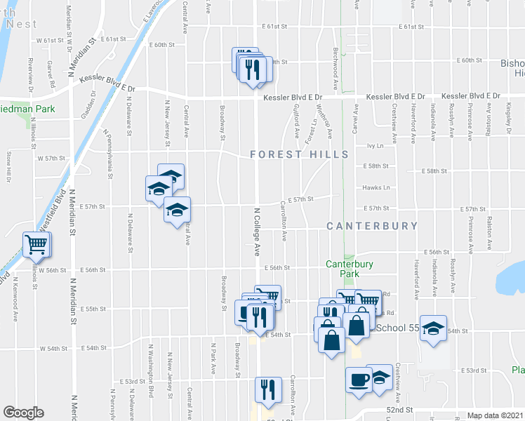 map of restaurants, bars, coffee shops, grocery stores, and more near 722 Northview Avenue in Indianapolis