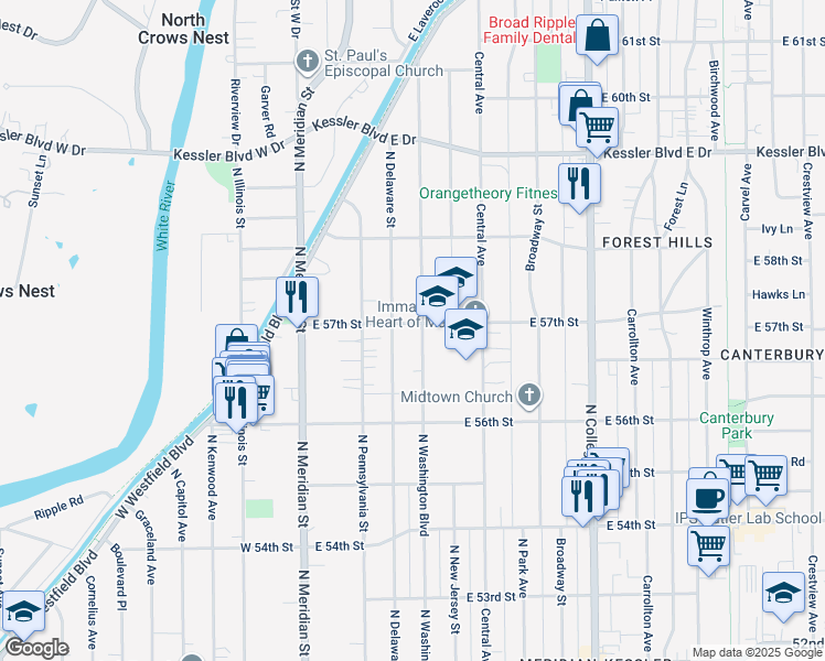 map of restaurants, bars, coffee shops, grocery stores, and more near 5678 North Washington Boulevard in Indianapolis