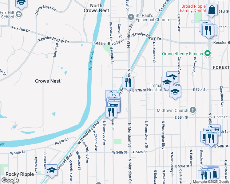 map of restaurants, bars, coffee shops, grocery stores, and more near 65 West Westfield Boulevard in Indianapolis