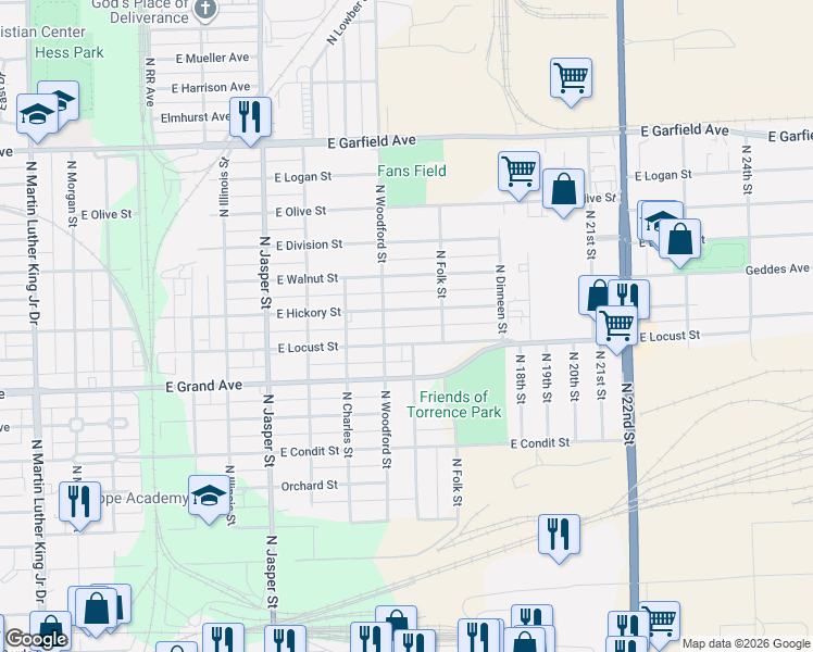 map of restaurants, bars, coffee shops, grocery stores, and more near 1600-1698 East Locust Street in Decatur