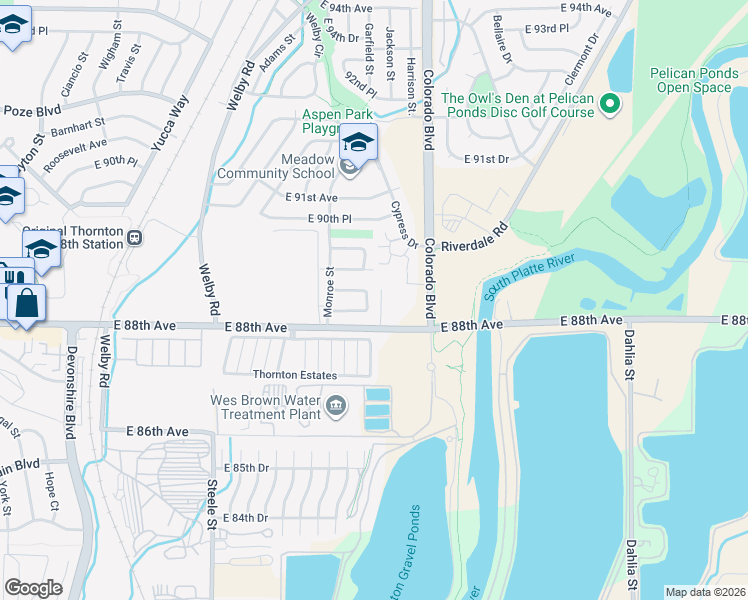 map of restaurants, bars, coffee shops, grocery stores, and more near 3726 East 88th Circle North in Thornton