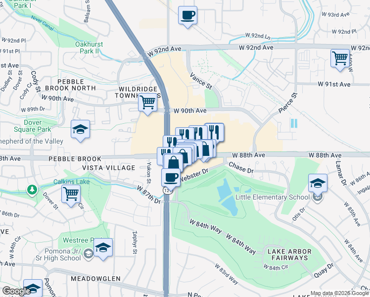 map of restaurants, bars, coffee shops, grocery stores, and more near 7515 West 88th Avenue in Westminster