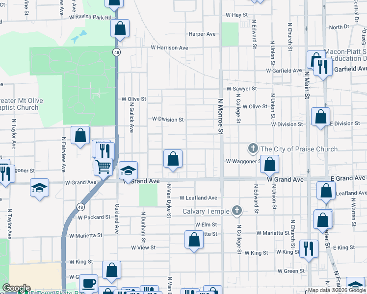 map of restaurants, bars, coffee shops, grocery stores, and more near 765 West Center Street in Decatur
