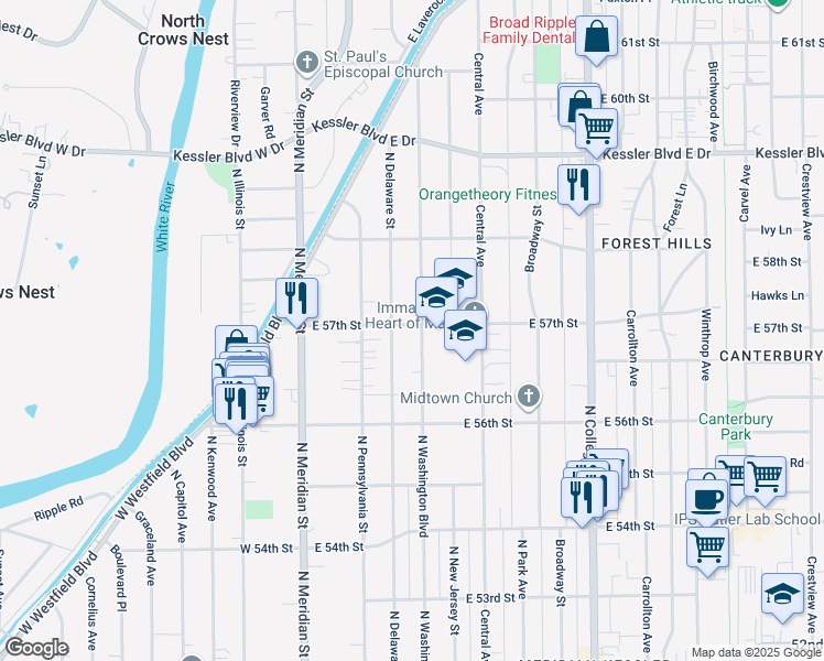 map of restaurants, bars, coffee shops, grocery stores, and more near 5678 North Washington Boulevard in Indianapolis