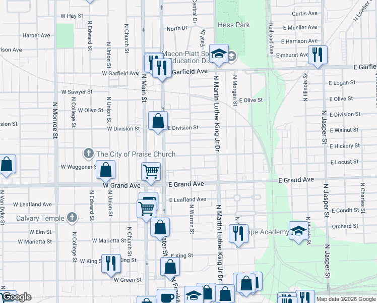 map of restaurants, bars, coffee shops, grocery stores, and more near 201-399 East Center Street in Decatur