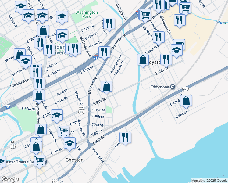 map of restaurants, bars, coffee shops, grocery stores, and more near 904 East 9th Street in Chester