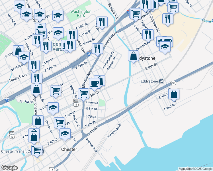 map of restaurants, bars, coffee shops, grocery stores, and more near 904 East 9th Street in Chester