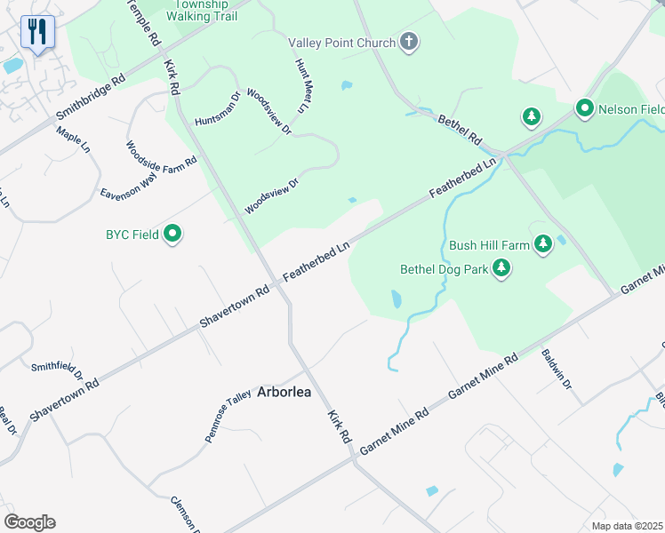 map of restaurants, bars, coffee shops, grocery stores, and more near 706 Featherbed Lane in Garnet Valley