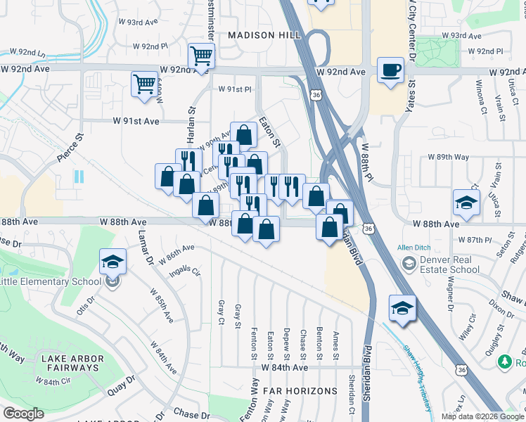 map of restaurants, bars, coffee shops, grocery stores, and more near 8860 Westminster Boulevard in Westminster