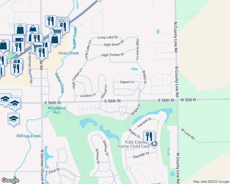 map of restaurants, bars, coffee shops, grocery stores, and more near 5631 Congressional Place in Indianapolis
