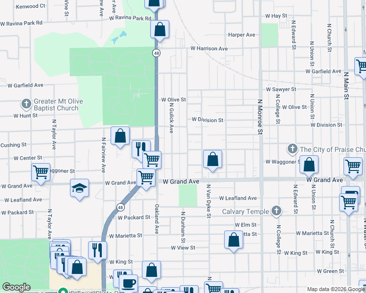 map of restaurants, bars, coffee shops, grocery stores, and more near 1001-1043 W Center St in Decatur