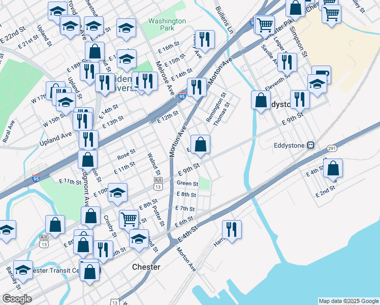 map of restaurants, bars, coffee shops, grocery stores, and more near 915 Hyatt Street in Chester