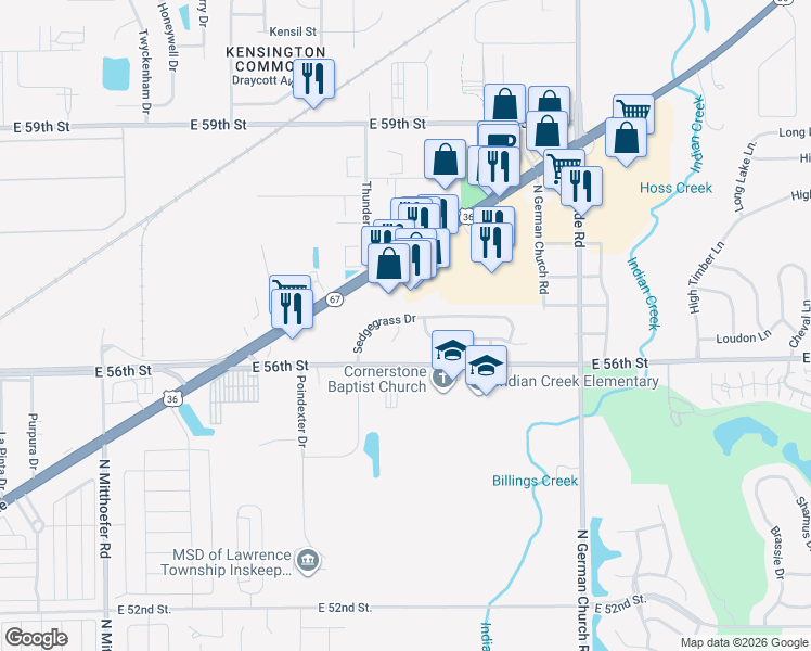 map of restaurants, bars, coffee shops, grocery stores, and more near 10609 Sedgegrass Drive in Indianapolis