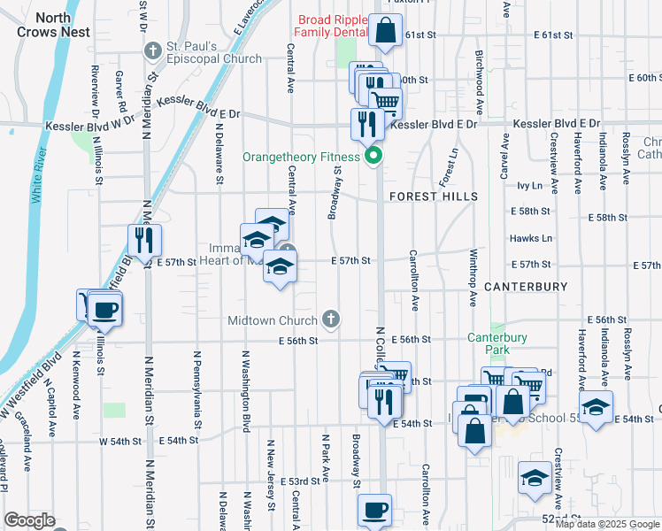 map of restaurants, bars, coffee shops, grocery stores, and more near 5682 Broadway Street in Indianapolis