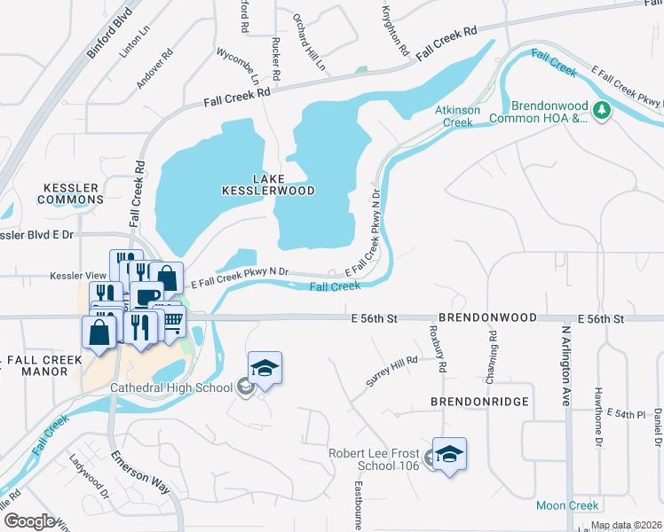 map of restaurants, bars, coffee shops, grocery stores, and more near 5716 East Fall Creek Parkway North Drive in Indianapolis