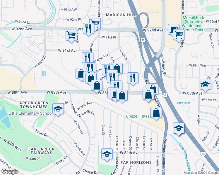 map of restaurants, bars, coffee shops, grocery stores, and more near in Westminster