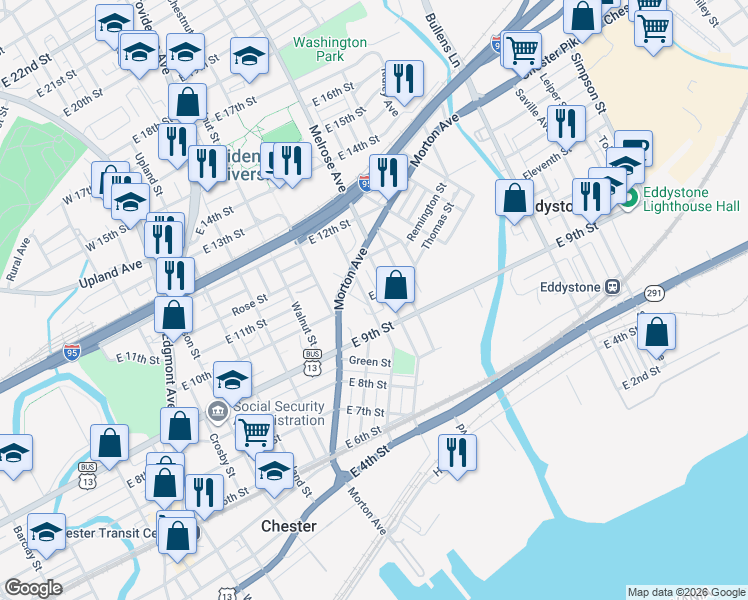 map of restaurants, bars, coffee shops, grocery stores, and more near 620-624 9th Street in Chester