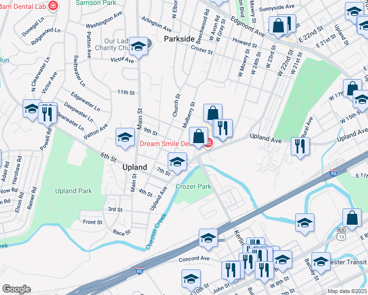 map of restaurants, bars, coffee shops, grocery stores, and more near in Upland
