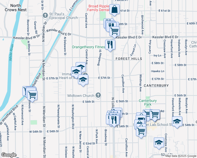 map of restaurants, bars, coffee shops, grocery stores, and more near 5682 Broadway Street in Indianapolis