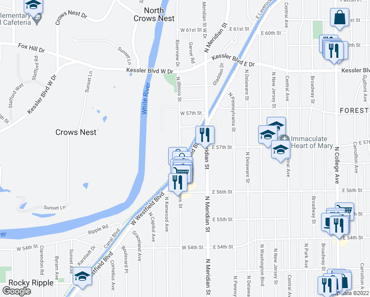 map of restaurants, bars, coffee shops, grocery stores, and more near 65 West Westfield Boulevard in Indianapolis