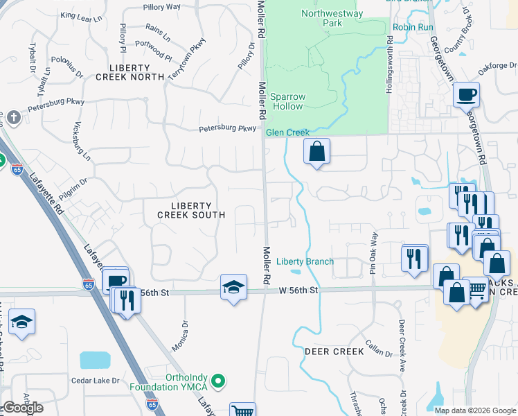 map of restaurants, bars, coffee shops, grocery stores, and more near 5749 Rosemont Drive in Indianapolis