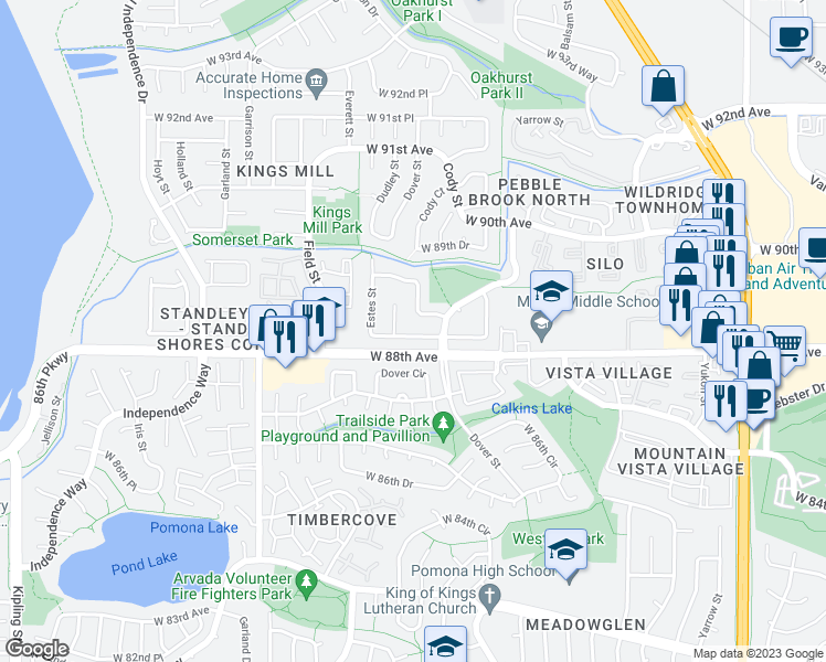 map of restaurants, bars, coffee shops, grocery stores, and more near 8651 West 88th Place in Westminster