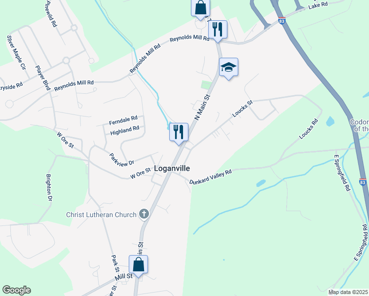 map of restaurants, bars, coffee shops, grocery stores, and more near 25 North Main Street in York