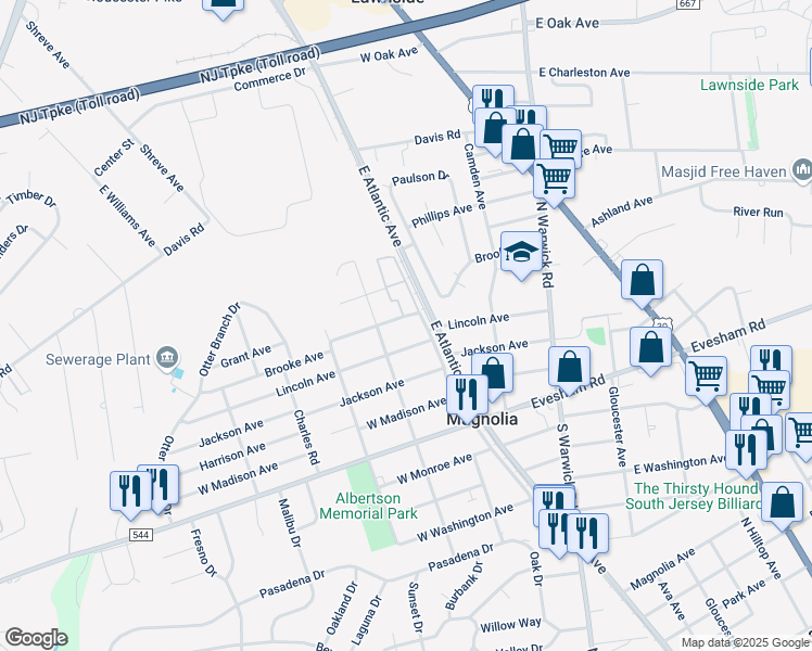 map of restaurants, bars, coffee shops, grocery stores, and more near 325 Lincoln Avenue in Magnolia