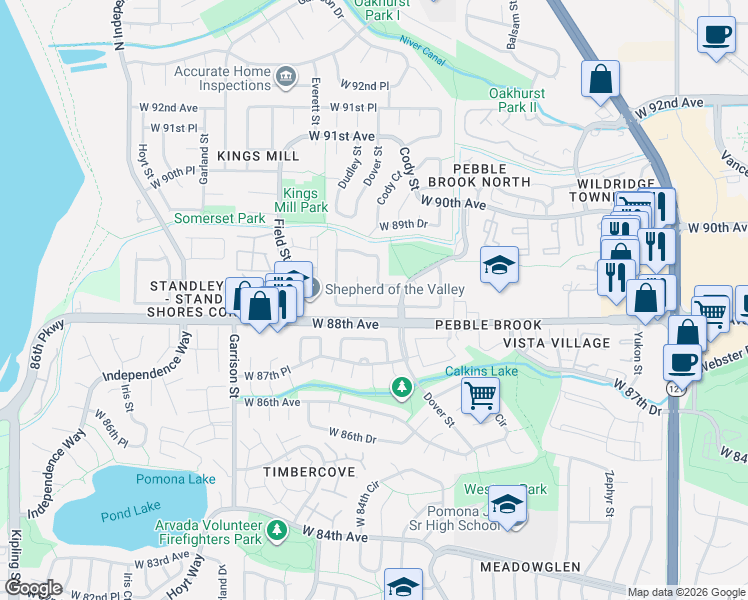 map of restaurants, bars, coffee shops, grocery stores, and more near 8651 West 88th Place in Westminster