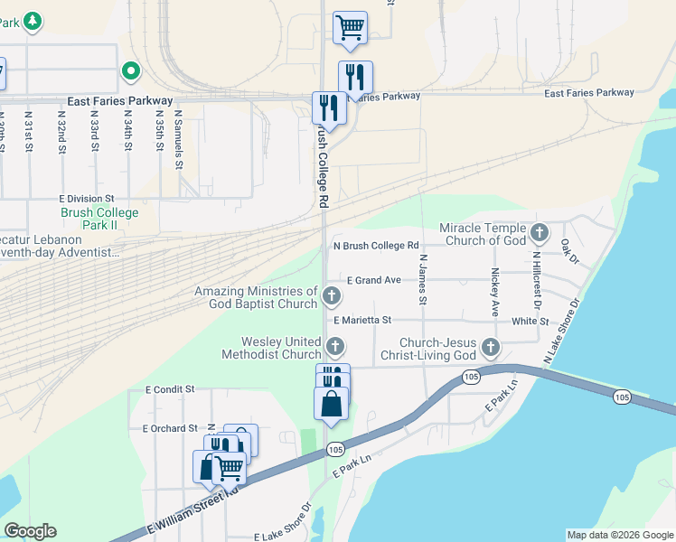 map of restaurants, bars, coffee shops, grocery stores, and more near 3801-3899 E Grand Ave in Decatur