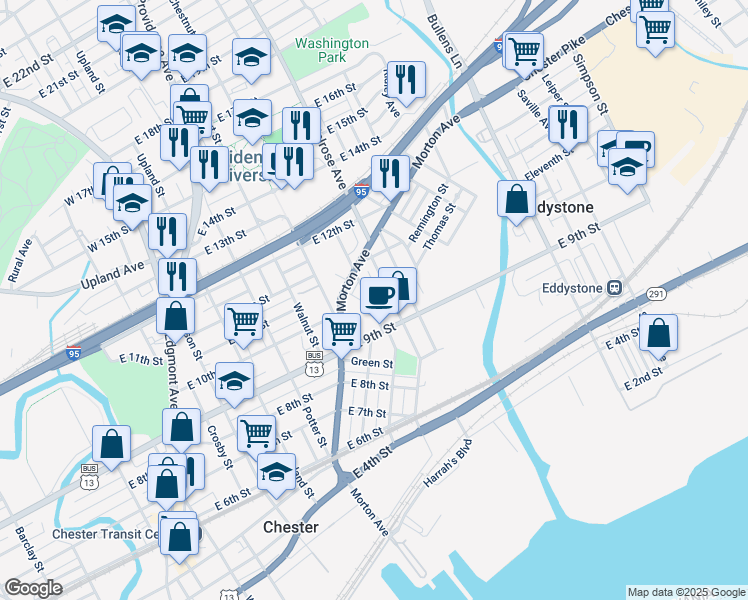 map of restaurants, bars, coffee shops, grocery stores, and more near 923 Hyatt Street in Chester