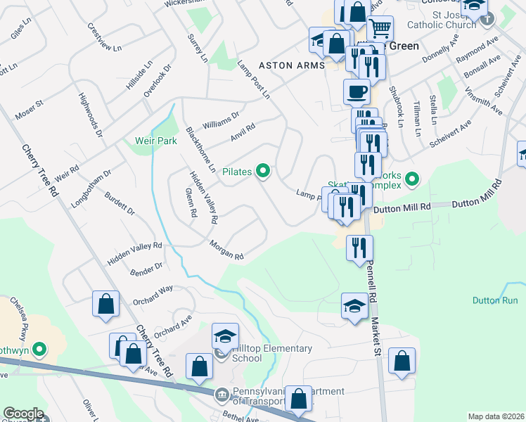 map of restaurants, bars, coffee shops, grocery stores, and more near 28 Montgomery Lane in Aston