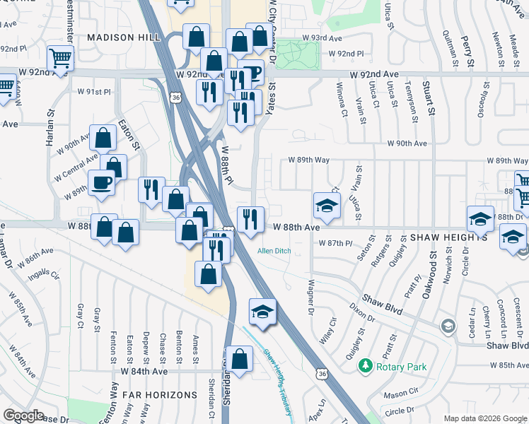 map of restaurants, bars, coffee shops, grocery stores, and more near 8447 Yates Street in Westminster