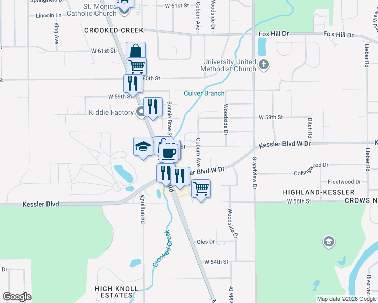 map of restaurants, bars, coffee shops, grocery stores, and more near 1840 Kesslerwood Court in Indianapolis