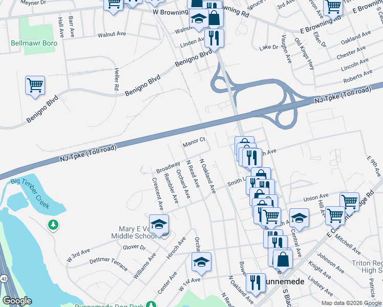 map of restaurants, bars, coffee shops, grocery stores, and more near 300 Broadway in Runnemede